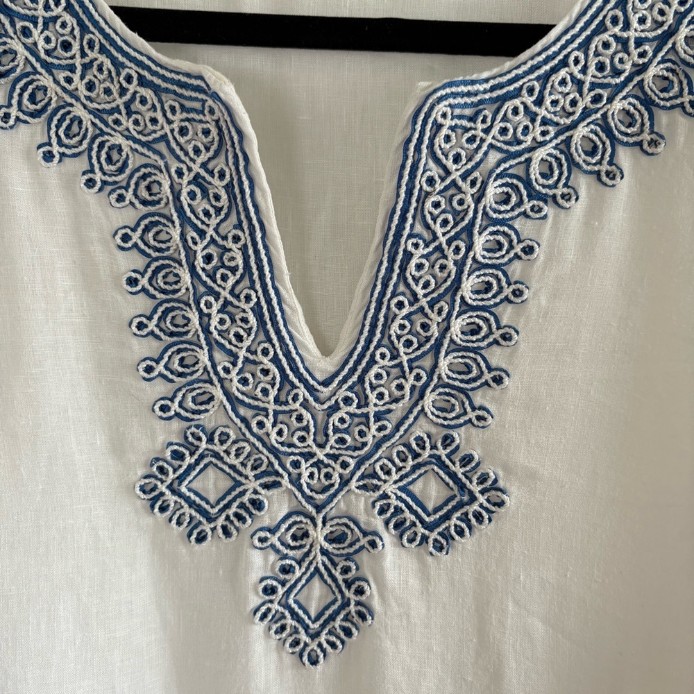 J.Jill White Blue Love Linen Embroidered Bell-Sleeve Tunic L Coastal Boho Preppy - Picture 3 of 8